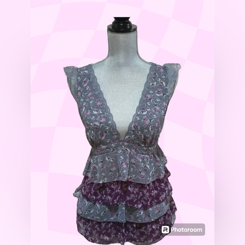 AMERICAN RAG Purple and Gray Layered Ruffles Top